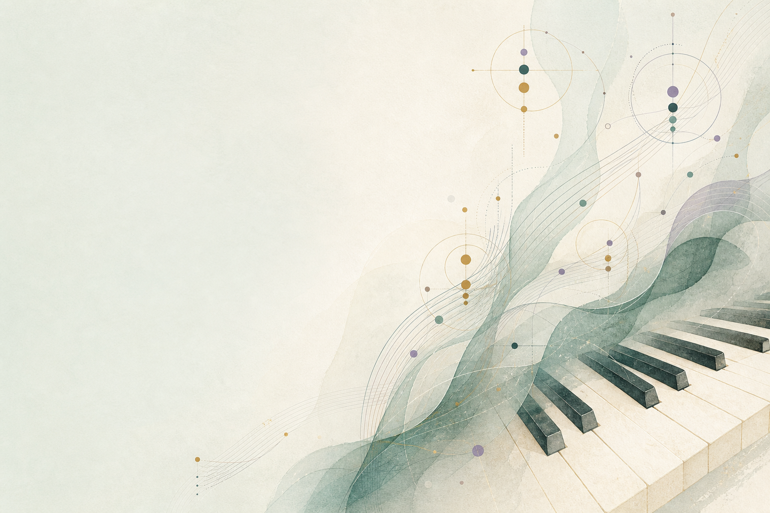 淡い緑の紙面に、鍵盤と譜線、音の広がりを抽象的に描いたイラスト